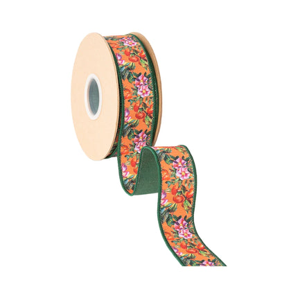Rustic seasonal wired ribbon,  bright orange background with florals and solid green backing
