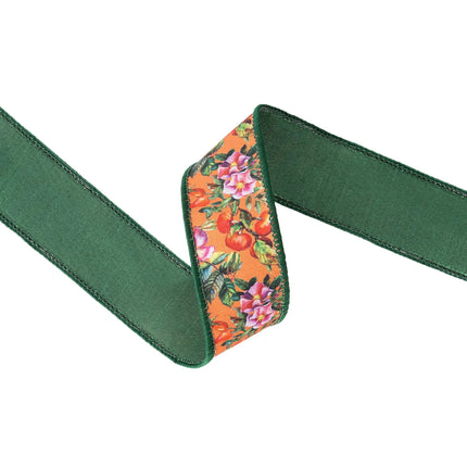 1 1/2" wired dupioni ribbon with fall floral print, warm orange tone and green backing for small craft accents