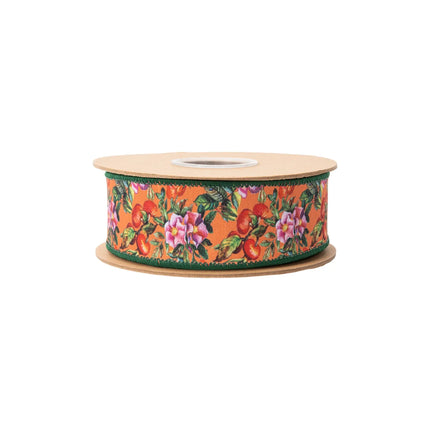 Orange wired ribbon with vibrant pink flowers and red berries,with green reverse side