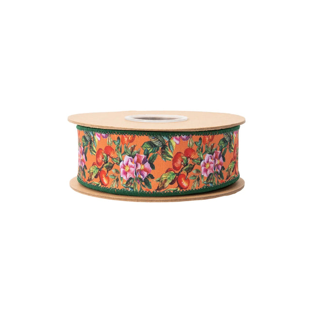 Orange wired ribbon with vibrant pink flowers and red berries,with green reverse side