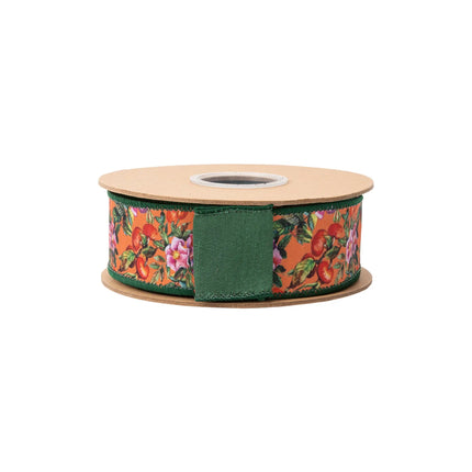 1 1/2" harvest floral dupioni ribbon, wired edge, colorful fall bloom‑berry design on orange base with green backing