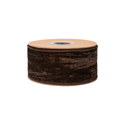 Luxe brown wired velvet ribbon, featuring soft plush surface and brown satin reverse side