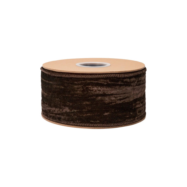 Luxe brown wired velvet ribbon, featuring soft plush surface and brown satin reverse side