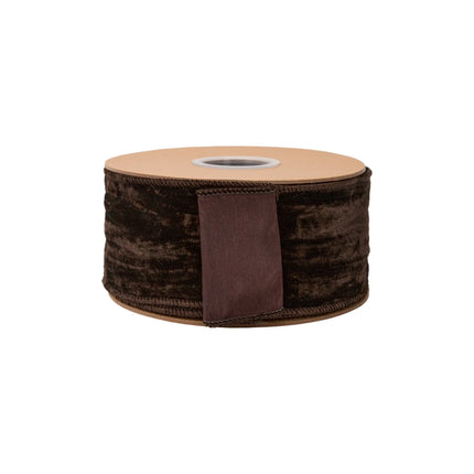 2 1/2" solid brown velvet dupioni ribbon, smooth velvety finish with coordinating brown backing