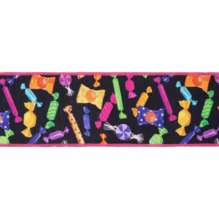 Whimsical spooky decorative ribbon, dupioni fabric featuring assorted candies and bright pink backing