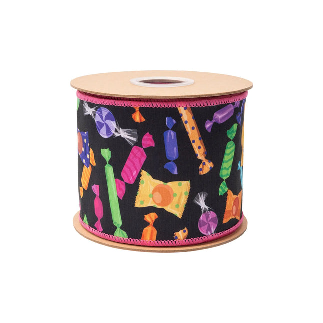 Black wired ribbon with vibrant assorted candy pattern,featuring playful sweet designs with pink reverse side