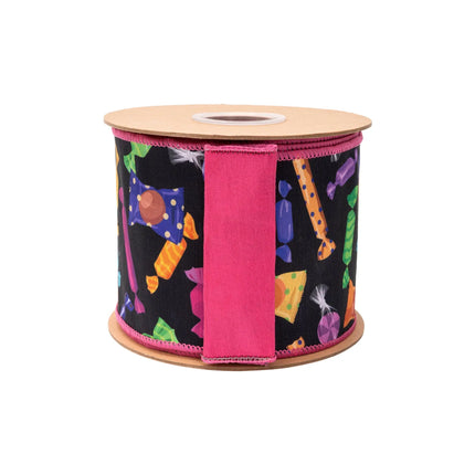 4" Halloween candy‑themed dupioni ribbon, bright multi‑color candy illustration on black base with pink backing