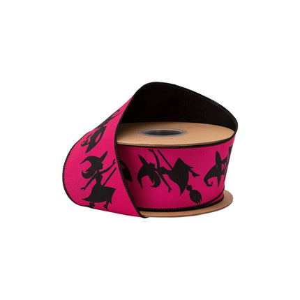 2 1/2" wired ribbon, black witch silhouettes on hot pink with black backing for bold Halloween decor