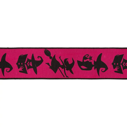 Whimsical Halloween decorative ribbon, bold pink fabric with witch graphics and dark black backing