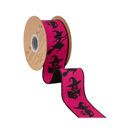 Fun spooky season wired ribbon,  bright hot pink background with witch silhouettes and solid black backing