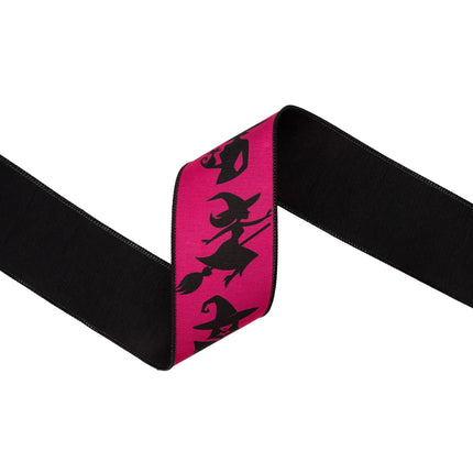 2 1/2" wired ribbon with witch silhouette pattern, eye‑catching hot pink tone and black backing for wreath crafts