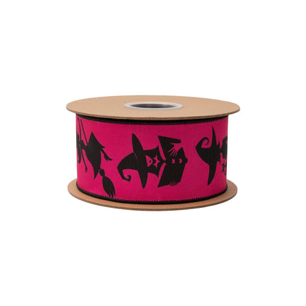 Hot pink wired ribbon featuring flying witch silhouettes, with sleek black reverse side