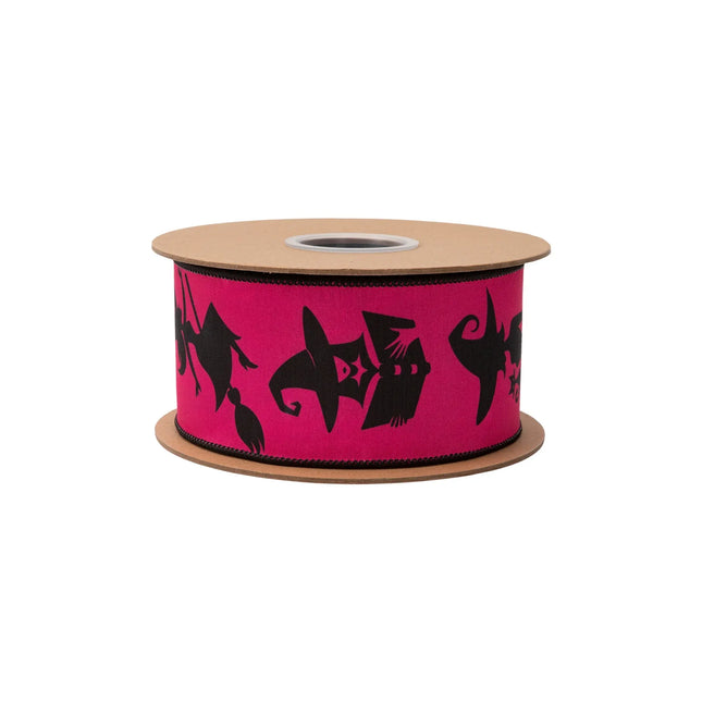 Hot pink wired ribbon featuring flying witch silhouettes, with sleek black reverse side