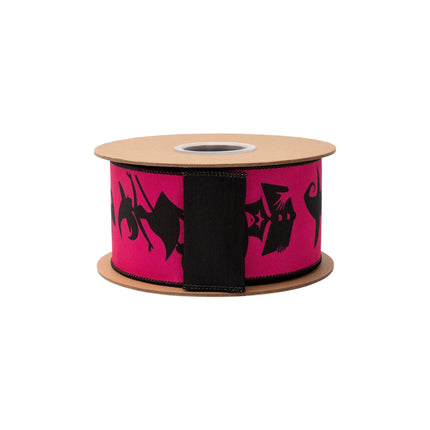 2 1/2" Halloween witch‑themed wired ribbon,  spooky black witch print on vibrant pink base with black backing