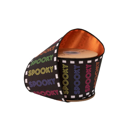 4" wired dupioni ribbon, bright multicolor "Spooky" lettering on black with satin orange backing for Halloween decor
