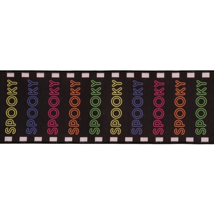 Whimsical Halloween decorative ribbon, dupioni fabric featuring colorful spooky text and premium orange satin backing