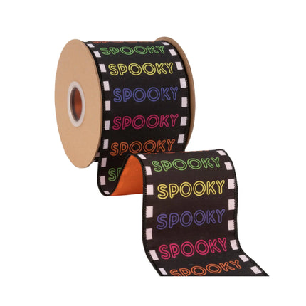 Bold festive spooky wired ribbon, checkered‑trimmed black background and solid orange satin backing