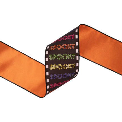 4" wired dupioni ribbon with bright "Spooky" pattern, playful neon‑toned lettering and orange satin backing