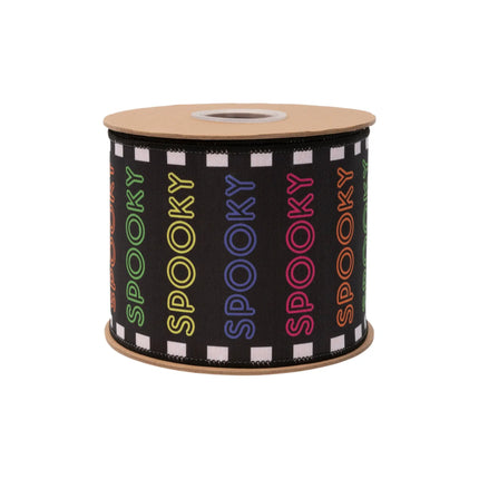 Black wired ribbon with vibrant neon spooky text print, with glossy orange satin reverse side