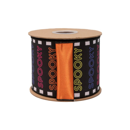 4" Halloween spooky‑themed dupioni ribbon, colorful typography design on dark black base with satin orange backing