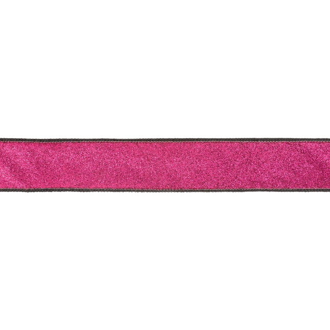 Black velvet wired ribbon with hot pink glitter backing, 1.5-inch width, ideal for bold gift bows.