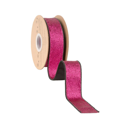 1 1/2" wired ribbon featuring black velvet and hot pink glitter backing, great for festive wreaths.