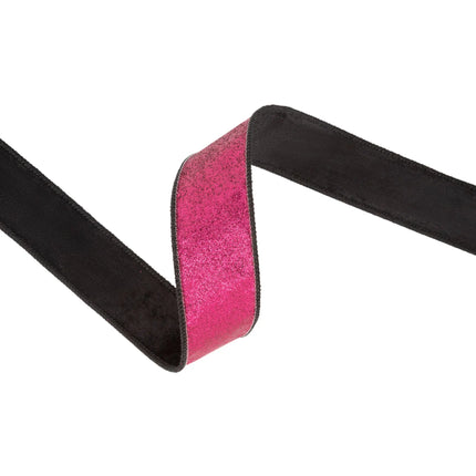 1.5-inch wired black velvet ribbon with shimmering hot pink glitter backing, great for DIY crafts.