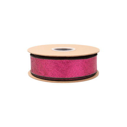 Black velvet ribbon with vibrant hot pink glitter backing, wired for shape retention, ideal for seasonal decor.
