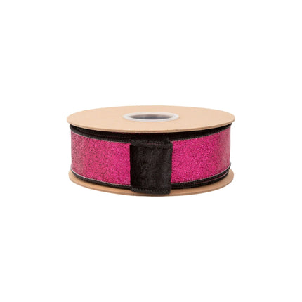 Hot pink glitter-backed black velvet wired ribbon, suited for statement holiday and event accents.