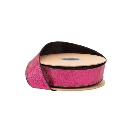 1 1/2" wired velvet ribbon with black base and hot pink glitter backing, perfect for party decor.