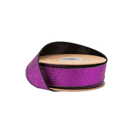 1 1/2" wired velvet ribbon with black base and purple glitter backing, great for party decor.