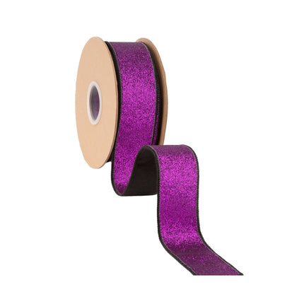 Purple glitter-backed black velvet wired ribbon, suited for wreaths and festive accents.