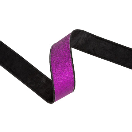 Black velvet wired ribbon with purple glitter backing, 1.5-inch width, ideal for holiday crafts.