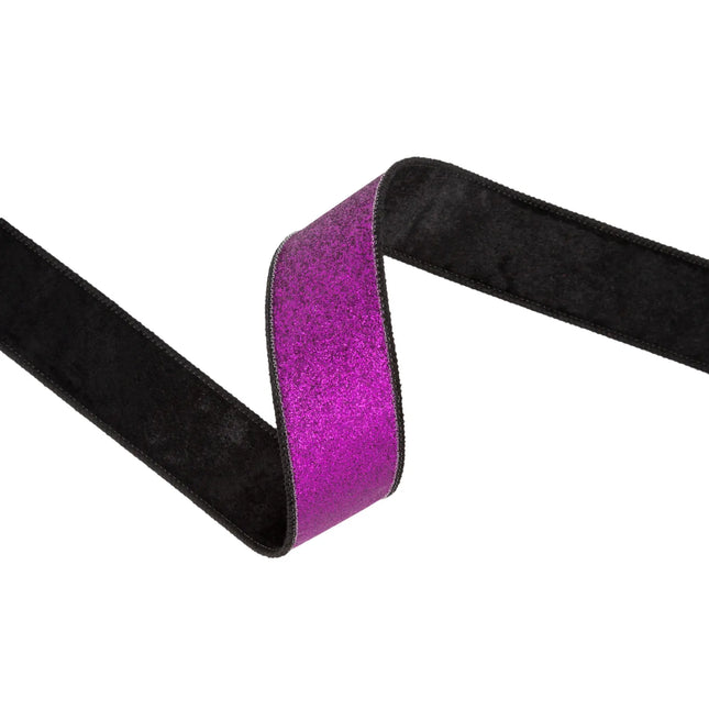 Black velvet wired ribbon with purple glitter backing, 1.5-inch width, ideal for holiday crafts.