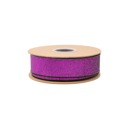 1.5-inch wired black velvet ribbon with shimmering purple glitter backing, great for seasonal projects.