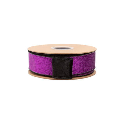 Black velvet ribbon with purple glitter backing, wired for shape retention, ideal for DIY decor.