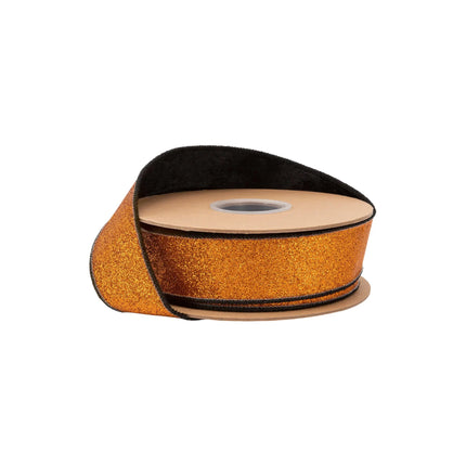 1 1/2" Wired Velvet Ribbon | Black w/ Orange Glitter Backing | 10 Yard Roll