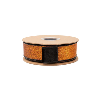 1 1/2" Wired Velvet Ribbon | Black w/ Orange Glitter Backing | 10 Yard Roll