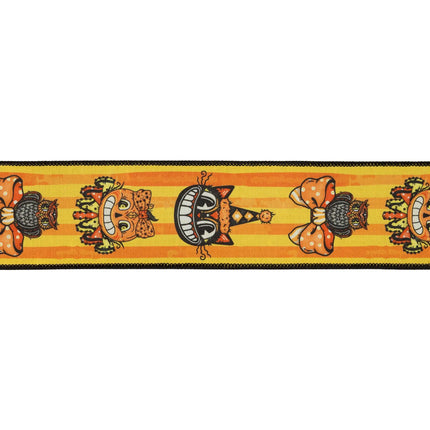 Whimsical old‑school Halloween decorative ribbon,dupioni fabric featuring striped background and spooky cat motifs with black backing