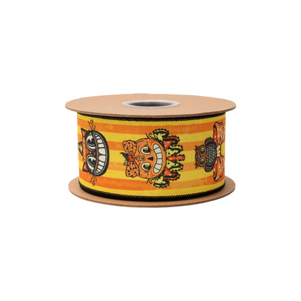 Striped orange‑yellow wired ribbon featuring whimsical retro cat illustrations, with sleek black reverse side