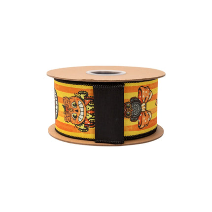 2 1/2" retro Halloween‑themed dupioni ribbon,  classic grinning cat face print on striped base with black backing