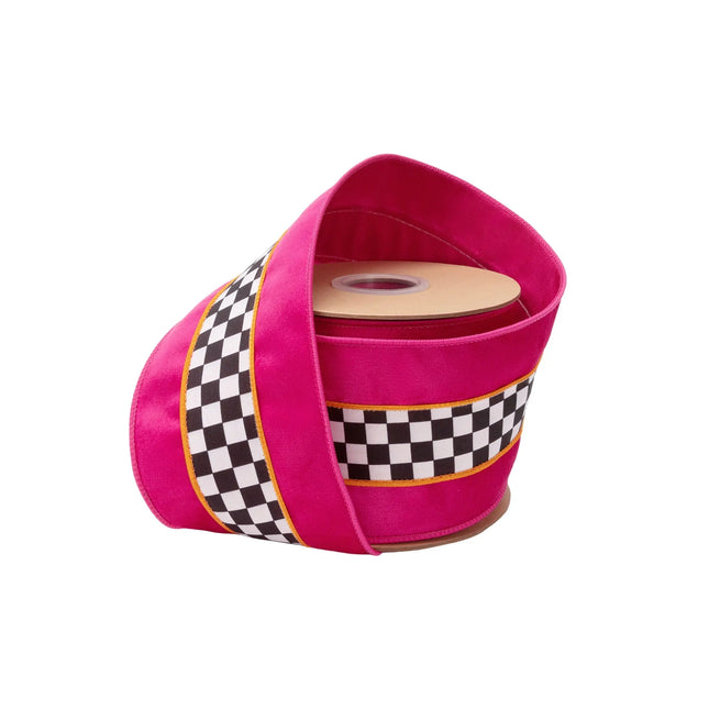 4" wired velvet fabric ribbon with black white check stripe on hot pink base and pink backing