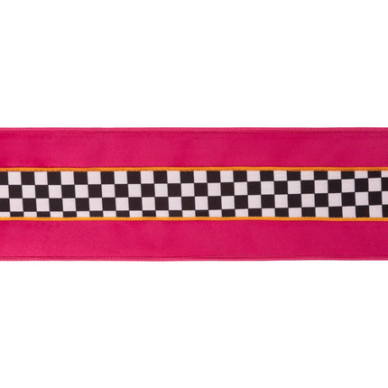 Vibrant pink backing velvet wired ribbon decorated with black-white check and orange stripe for decorative bows.