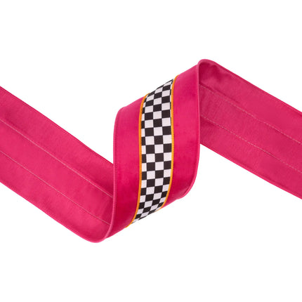 4-inch wired pink velvet ribbon with black white checkerboard orange border, great for holiday projects.
