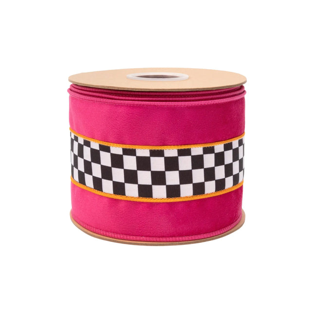 Hot pink wired velvet ribbon trimmed with black white check & orange stripe, 4-inch width for bold gift bows.