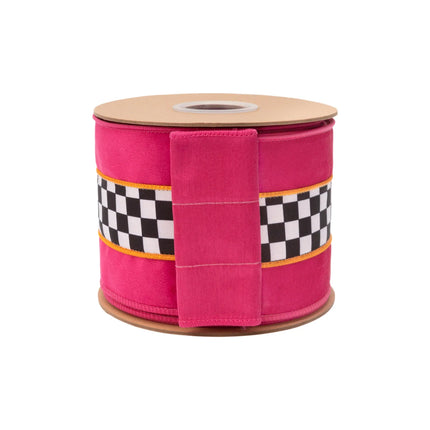 4" plain weave velvet wired ribbon featuring checkered orange stripe detail and solid pink backing for DIY crafts.