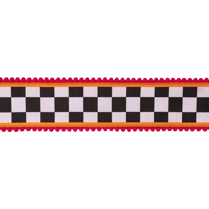 Fun decorative wired ribbon, dupioni fabric with black‑white checks, colorful trim and cozy pink backing