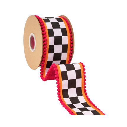 Whimsical pom‑pom trimmed wired ribbon, statement checkerboard pattern and solid pink backing for holiday crafts