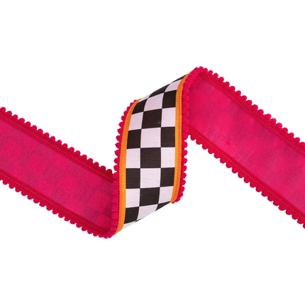 wired dupioni ribbon with large check design, bright orange‑pink pom‑pom edging and pink backing for wreath accents
