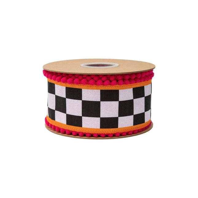 Bold checkered wired ribbon with fun pom‑pom borders, featuring black‑white squares and soft pink reverse side